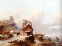 Frederik Marianus Kruseman - A Winterlandscape With A Horserider On A Track Passing A Farmhouse